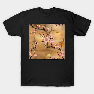 Pink Cherry Blossom Pattern on Gold Background T-Shirt